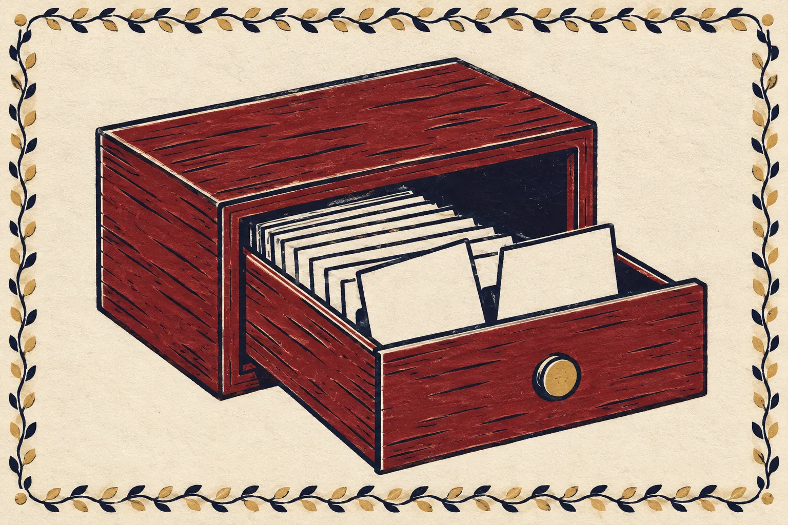 An index-card drawer of blank cards, standing for a catalogue of tale types like the ATU index (stylized illustration)